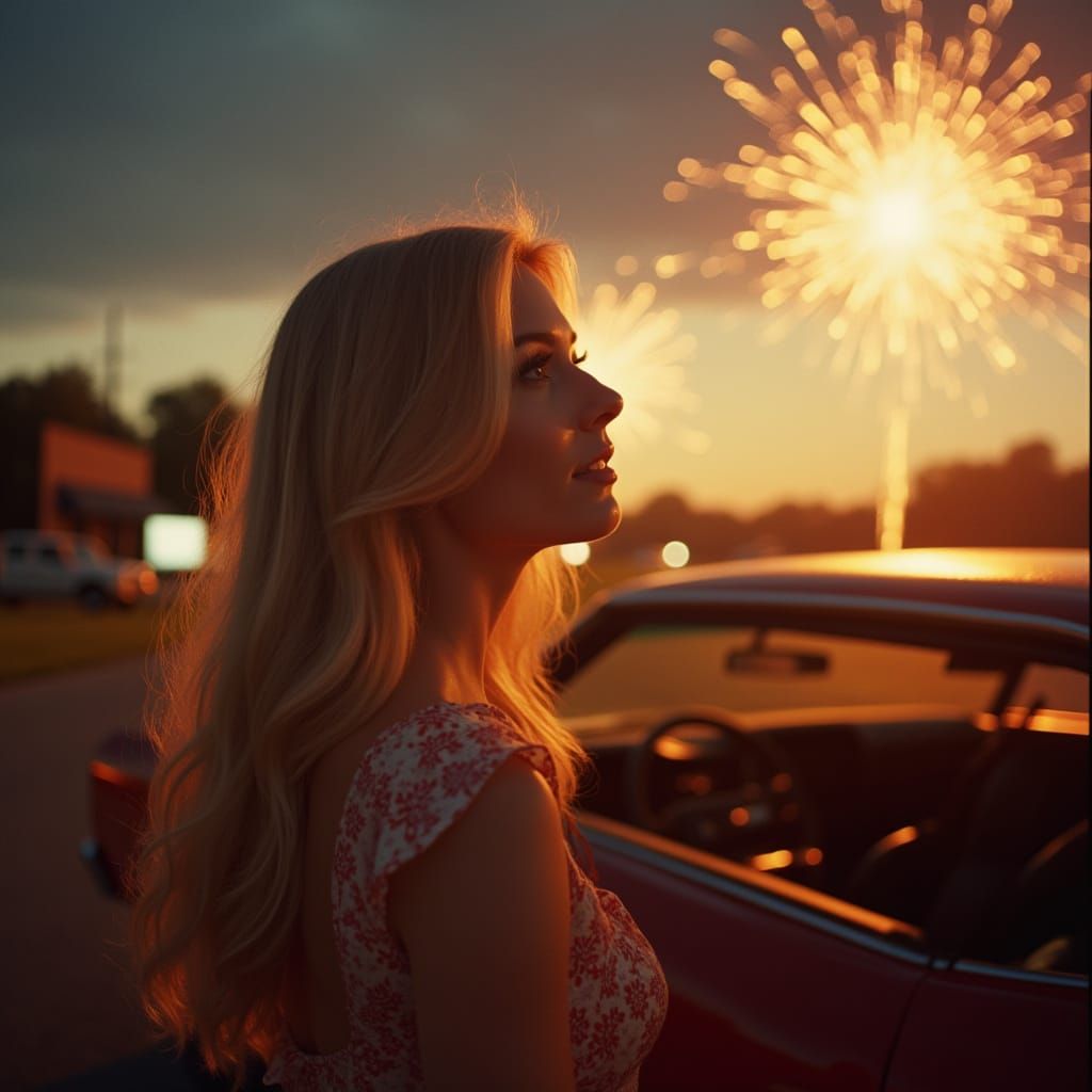 Vintage Film Still: Woman Watching Fireworks in Malibu