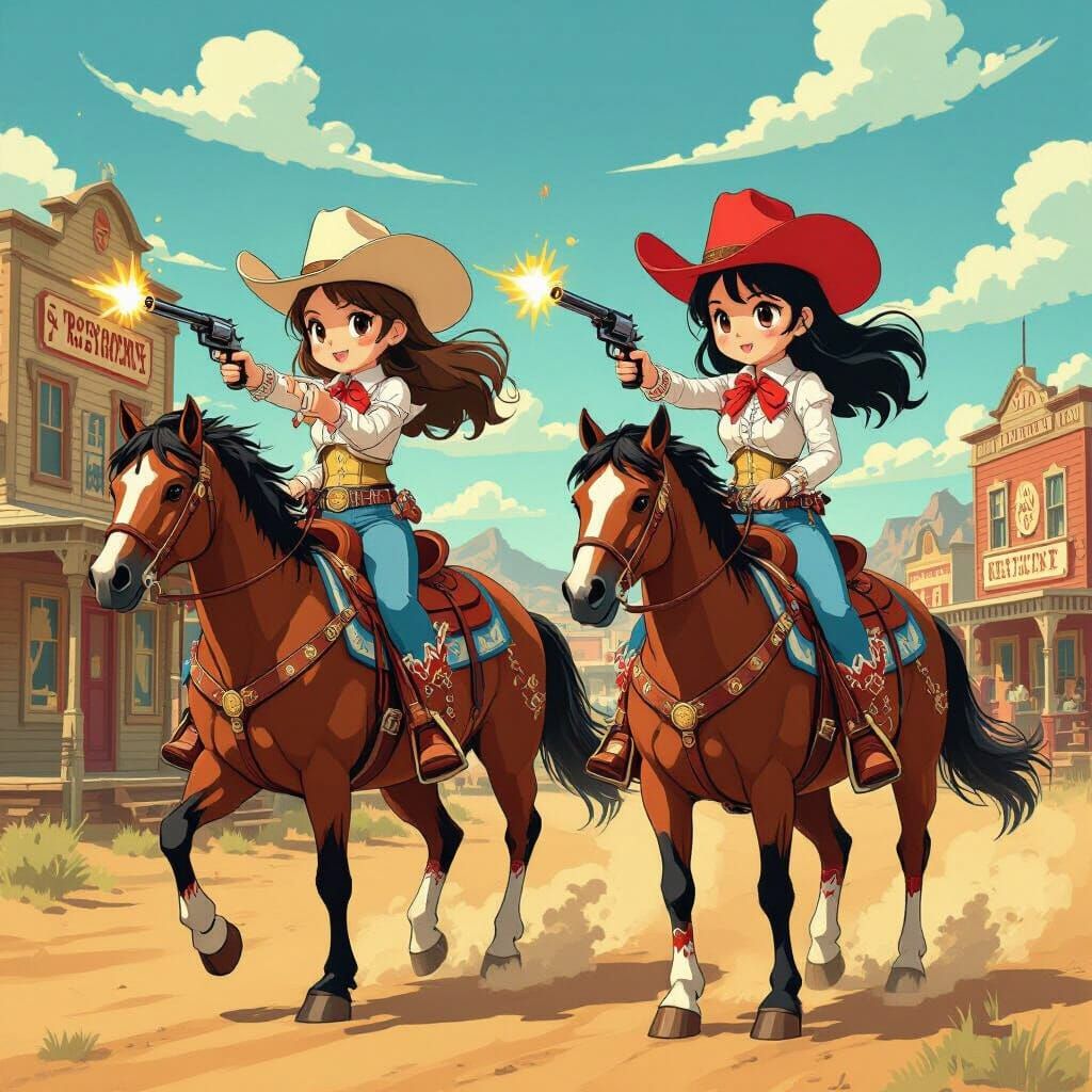 Anime Cowgirls Duel in the Old West