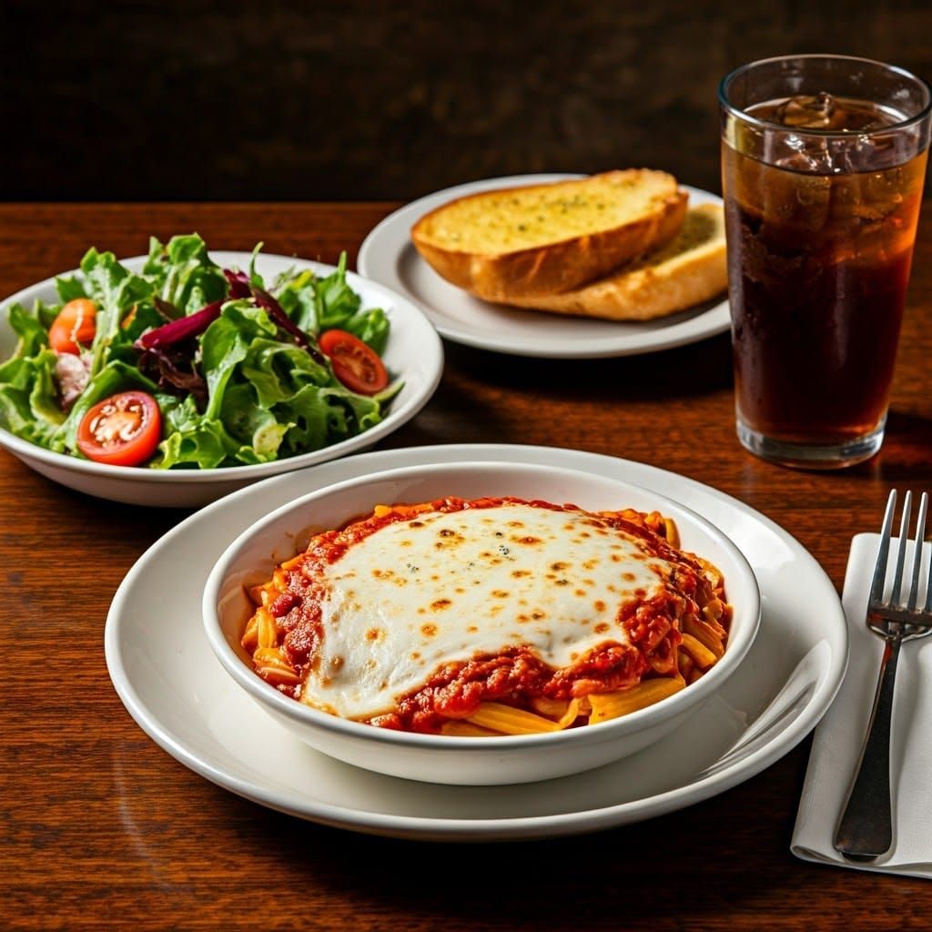 Warm Italian Feast with Pasta, Garlic Bread, and Salad in a...