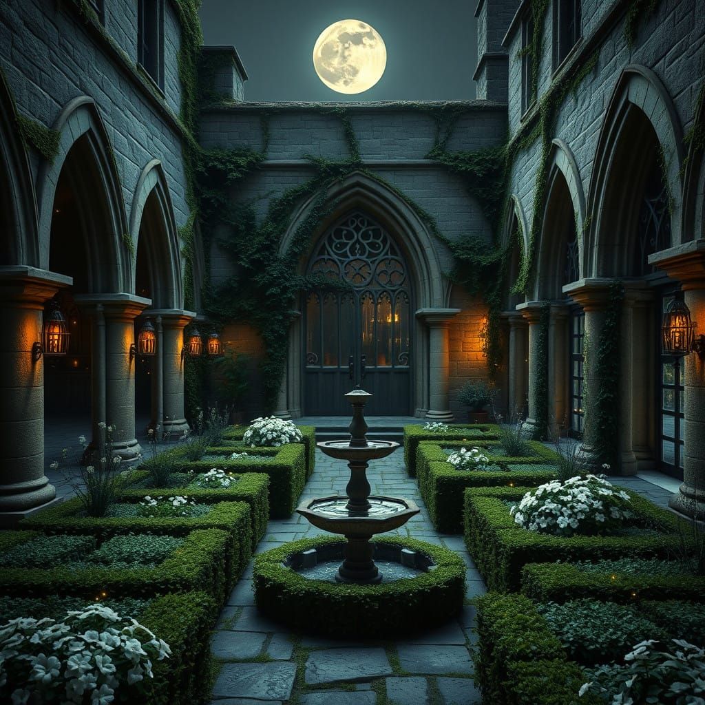 Whimsical Moonlit Herb Garden in Ancient Abbey Cloister
