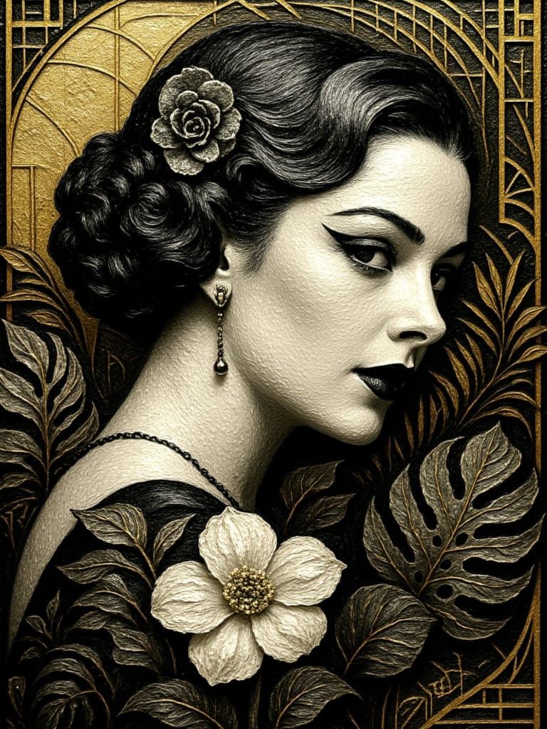 Art Deco Singer in Black White Gold with Floral Elements