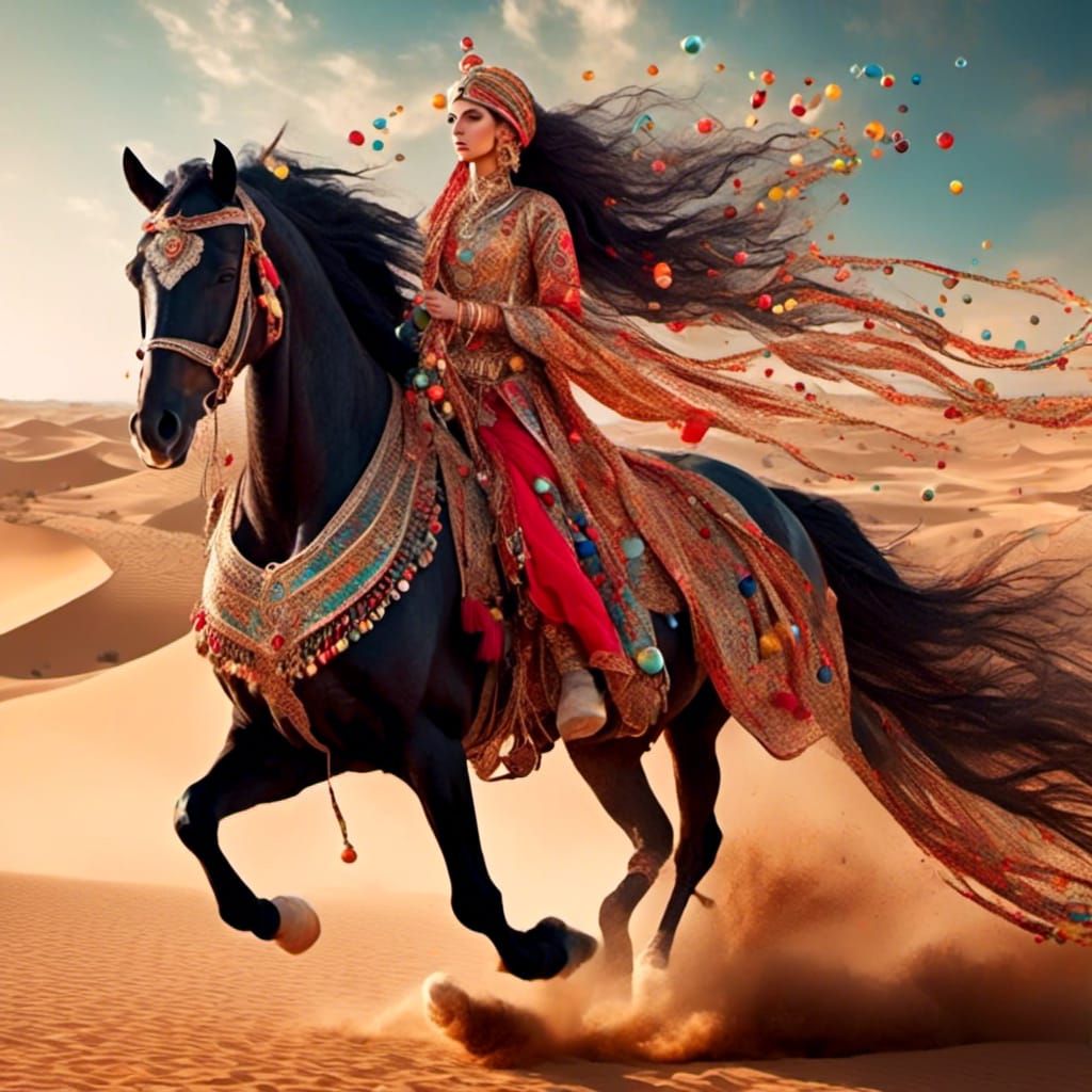 Arabian Horse and Rider at Desert Oasis