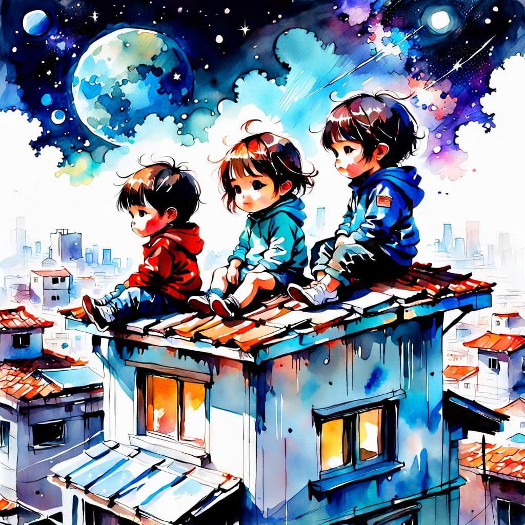 Chibi Babies on Rooftop Galaxy in Watercolor Style