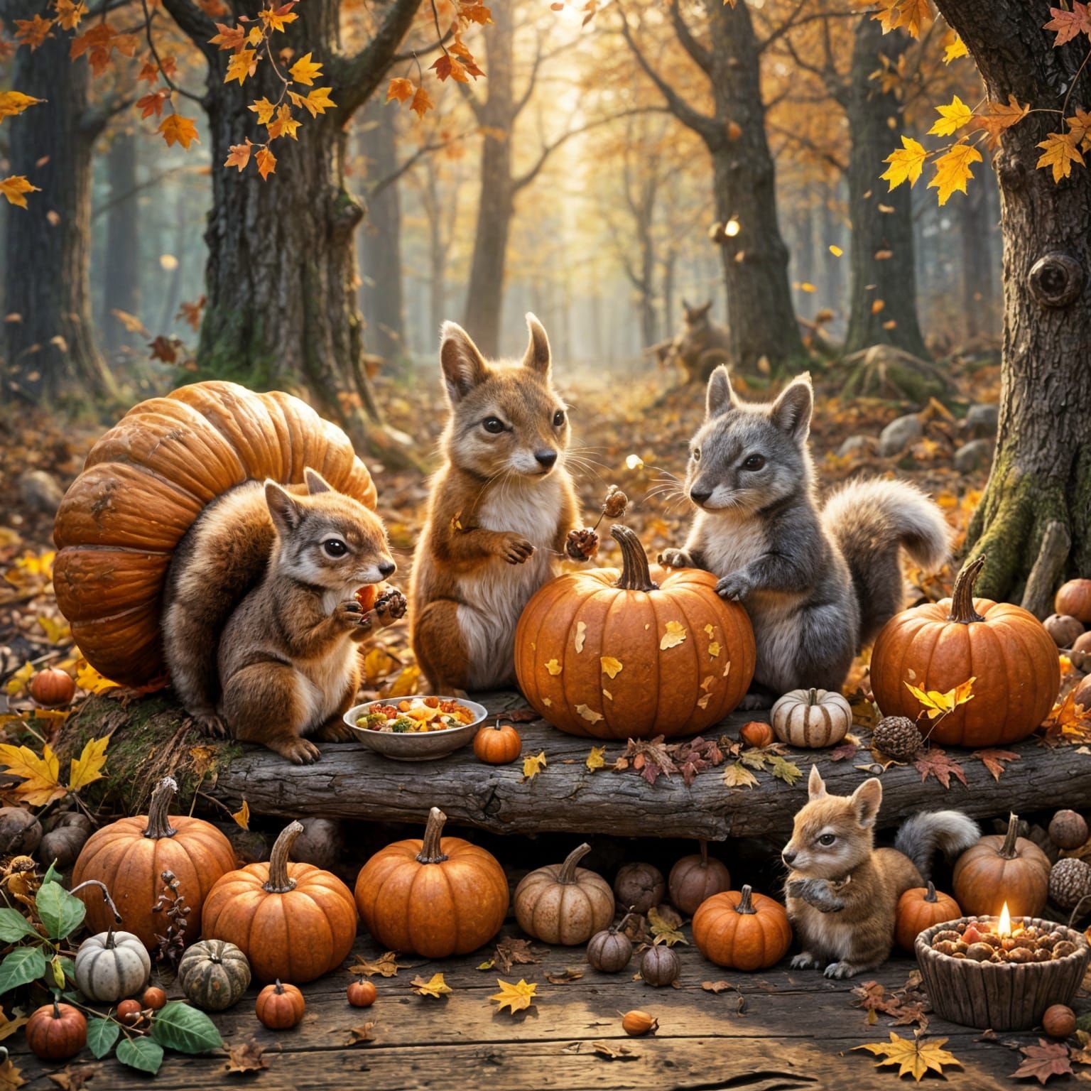 Woodland Creatures Enjoy Whimsical Autumn Thanksgiving Feast