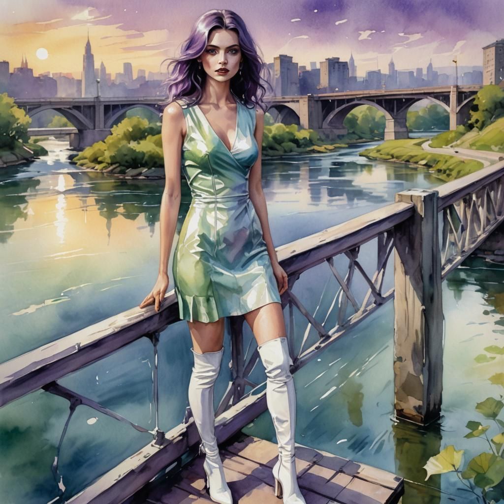 Watercolor Fantasy: Lady on Bridge at Golden Hour