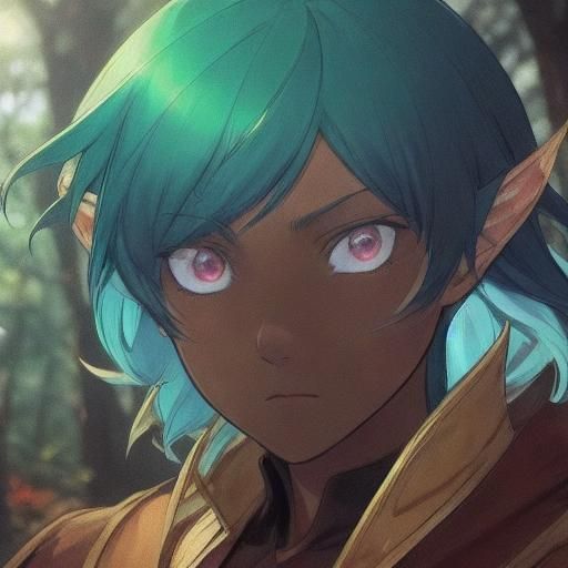Anime-Style Elf Overlooking Mystical Forest at Sunset