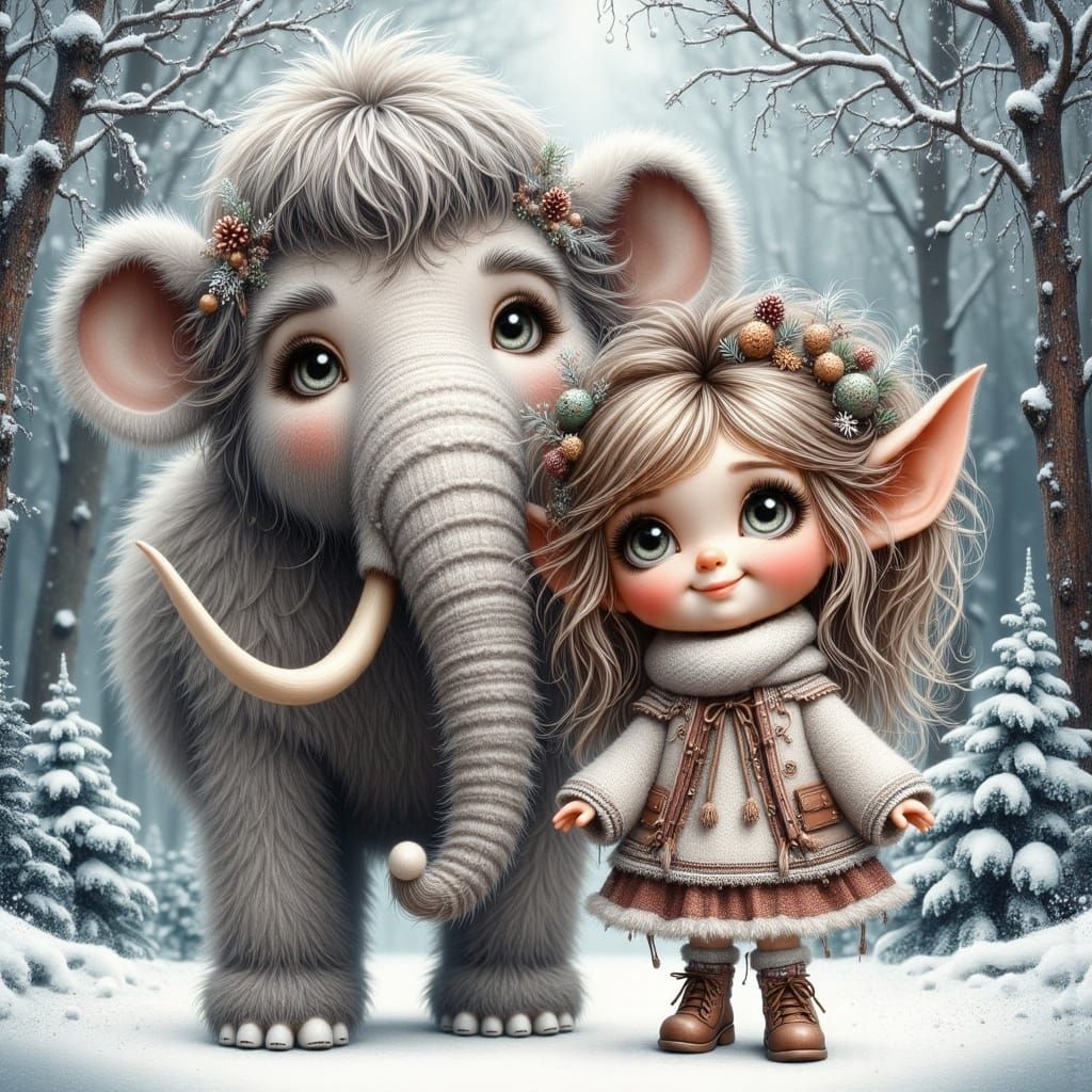 Enchanted Elf and Mammoth in Winter Wonderland