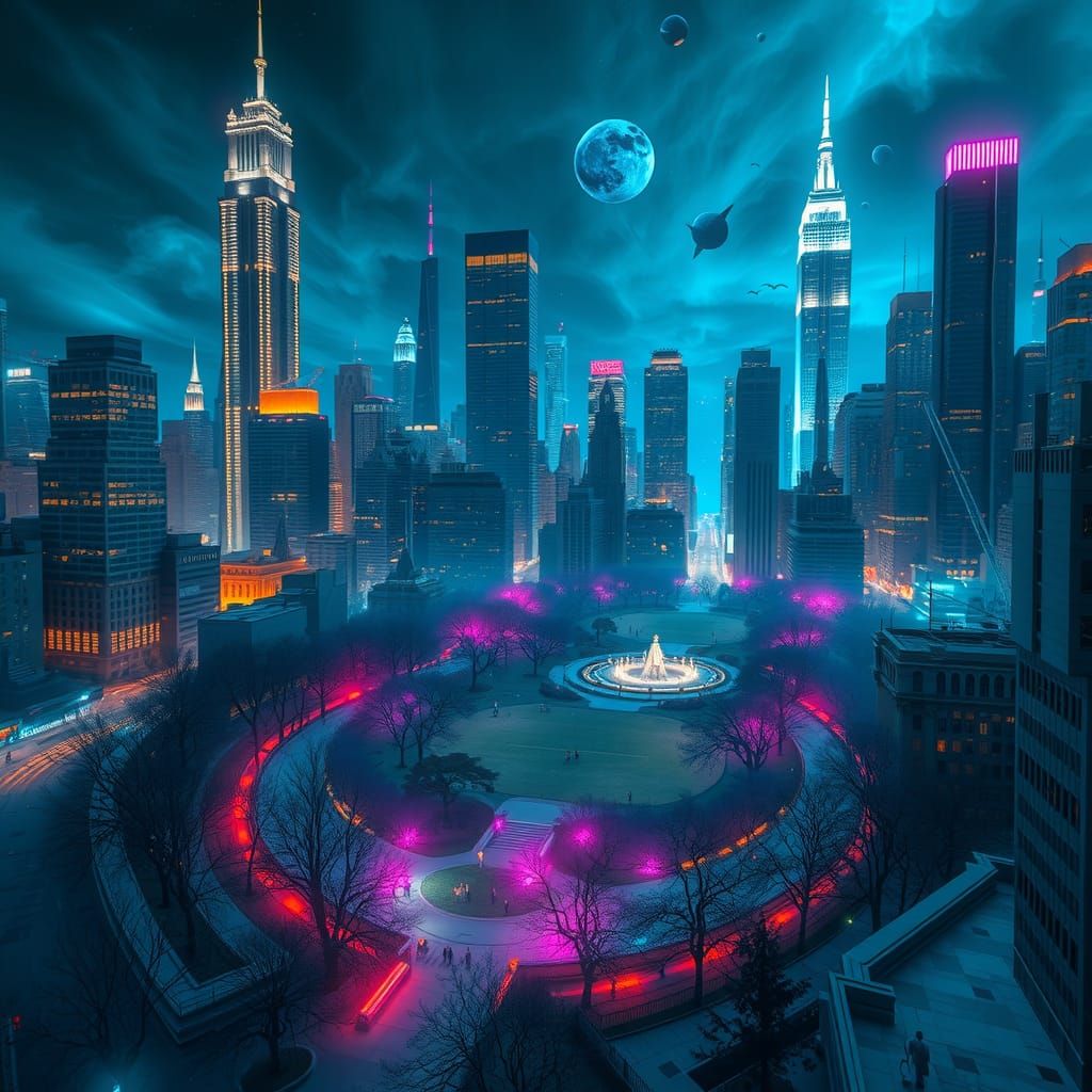 Dreamlike Central Park in Neon Cityscape