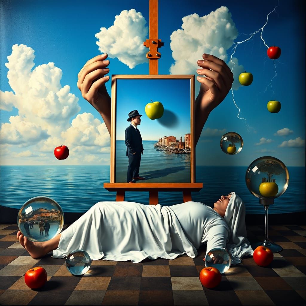 Surreal Dreamscape Painting: Floating Apple Man & Giant Hand...