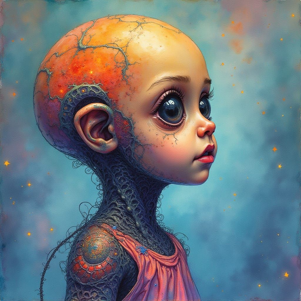 Alien Child in Vibrant Iridescent Watercolor