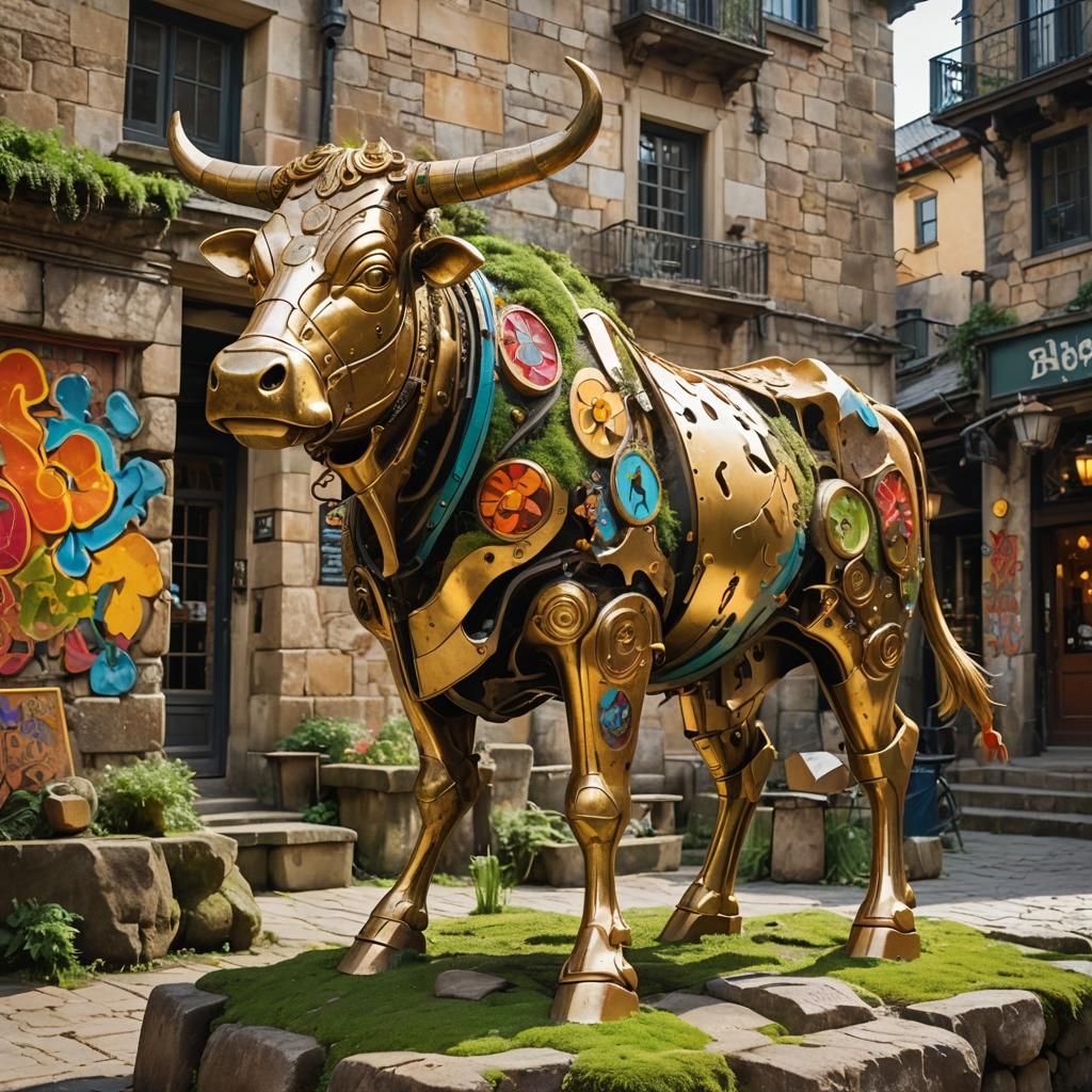Golden Mechanical Cow Amidst Street Art