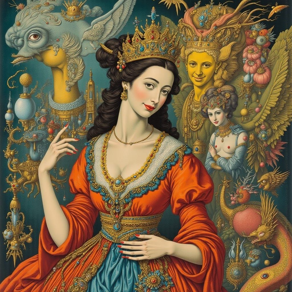 Surreal World of Female Rulers and Servants in Vibrant Color...