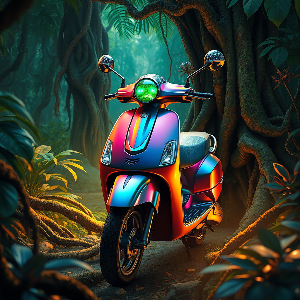 Iridescent Scooter in Jungle, Matte Painting Style