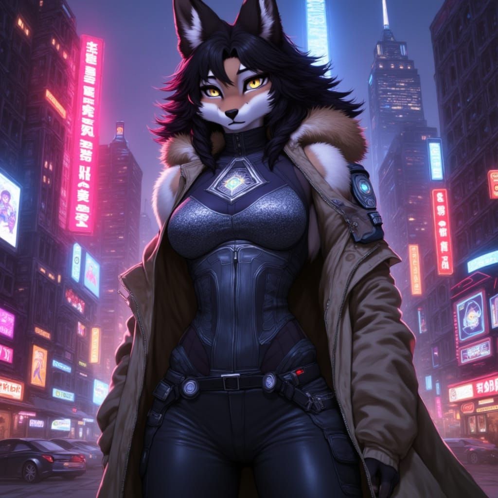 Anthropomorphic Wolf Girl in Futuristic Neon Cityscape