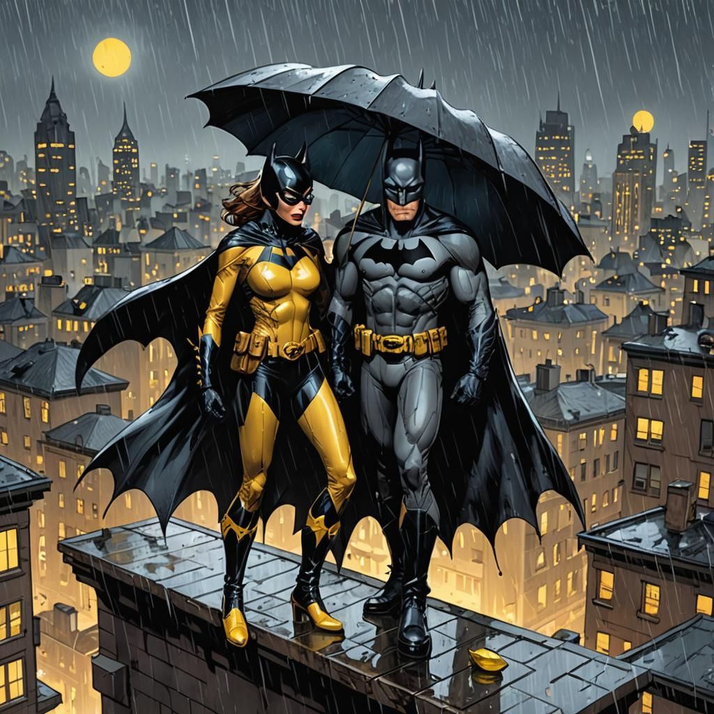 Batman and Catwoman: Rooftop Vigil in the Rain