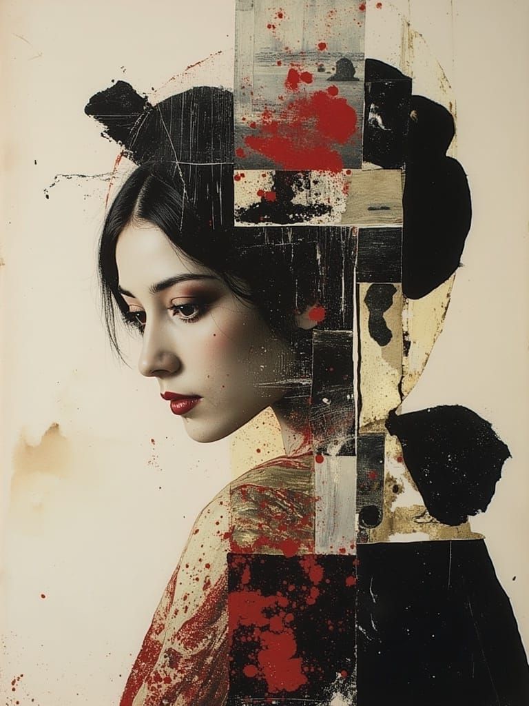 Golden Geisha Portrait in Whimsical, Textured Style