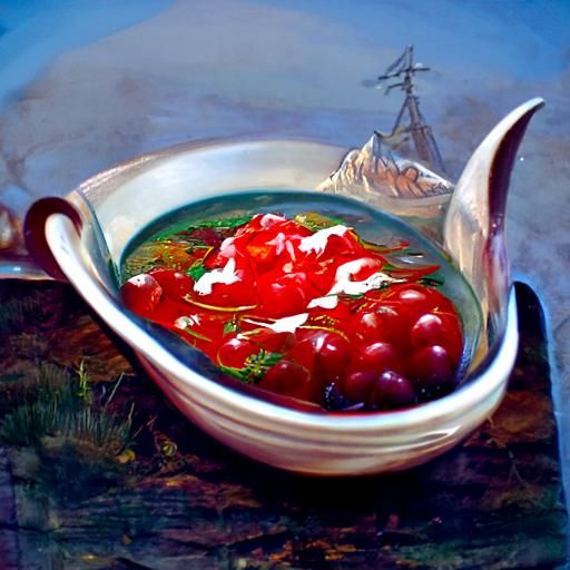 A bowl of borscht garnished with dill and a dollop of sour c...