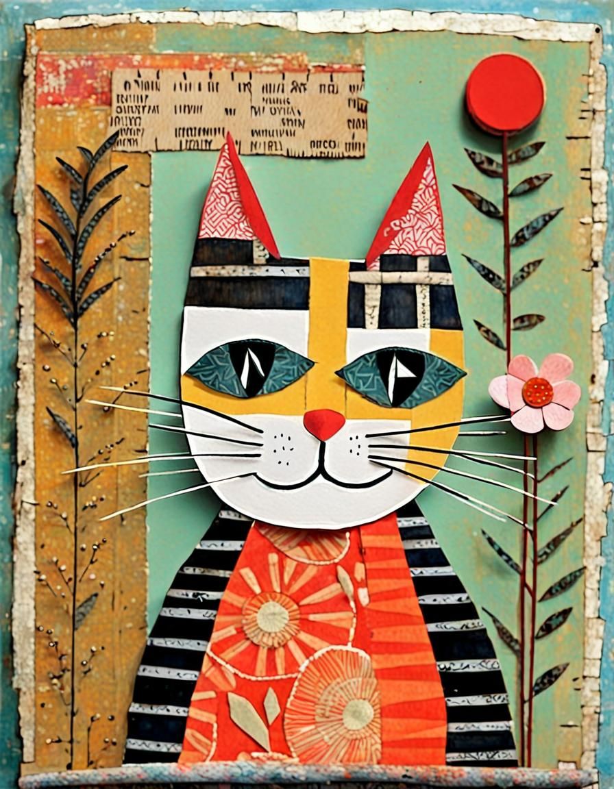 Whimsical Cat Collage in Mixed Media Style