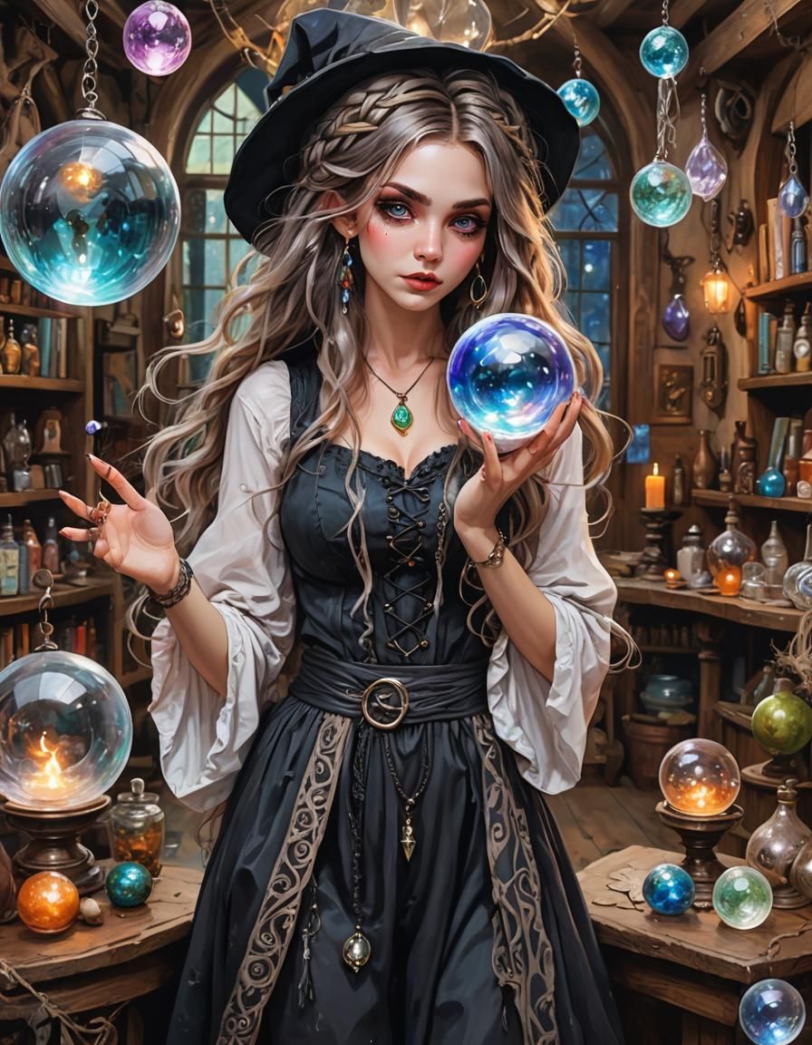 Mischievous Witch with Crystal Ball in Alchemical Shop