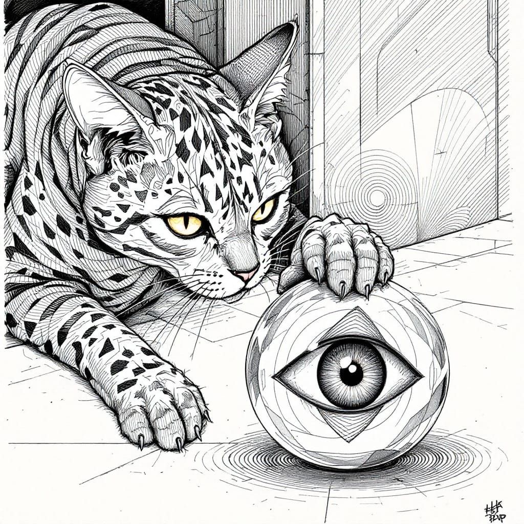 Surreal Whimsy: Cat Pounces on Escher-Style Optical Illusion