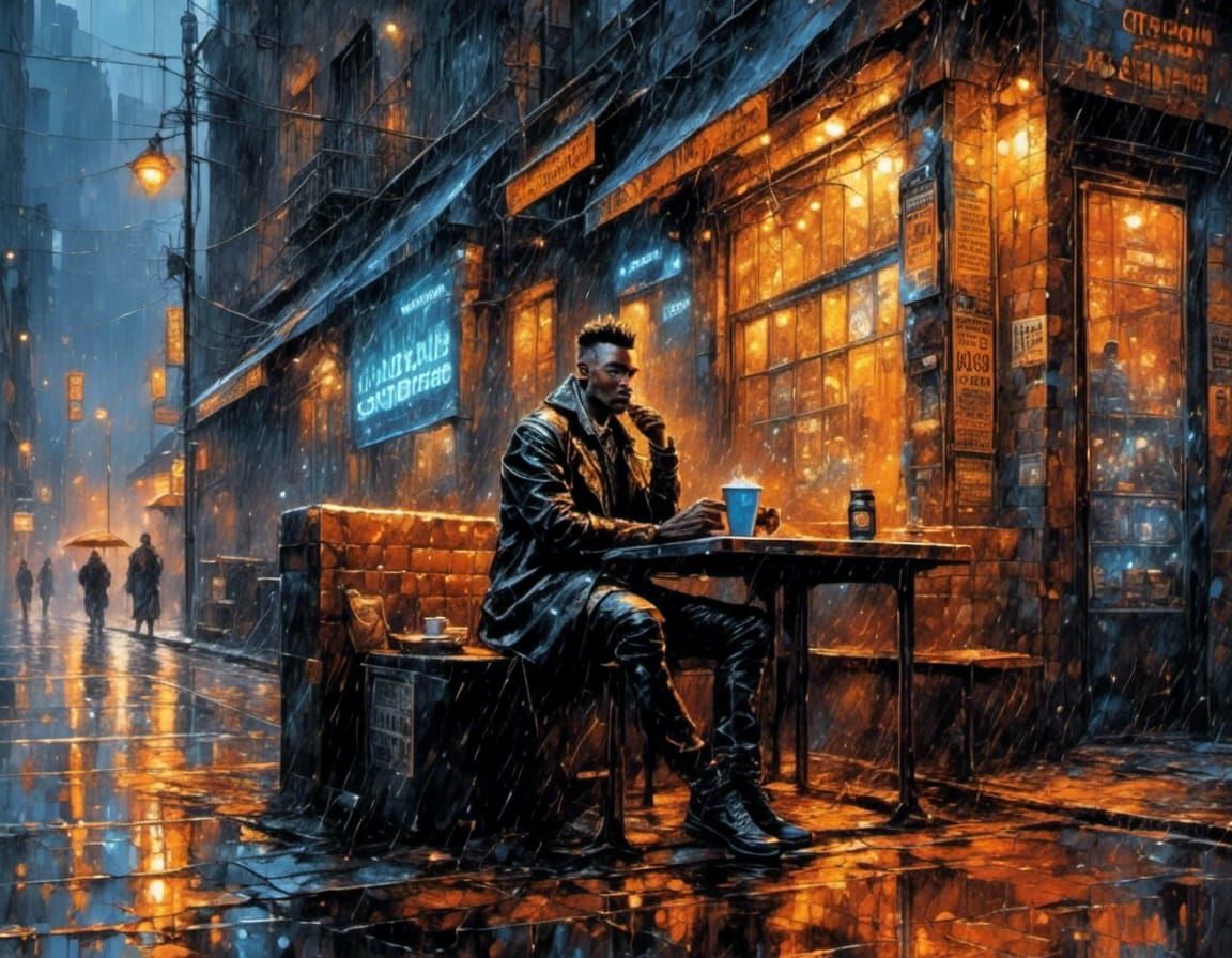 Punk in Rainy Cyberpunk Alleyway