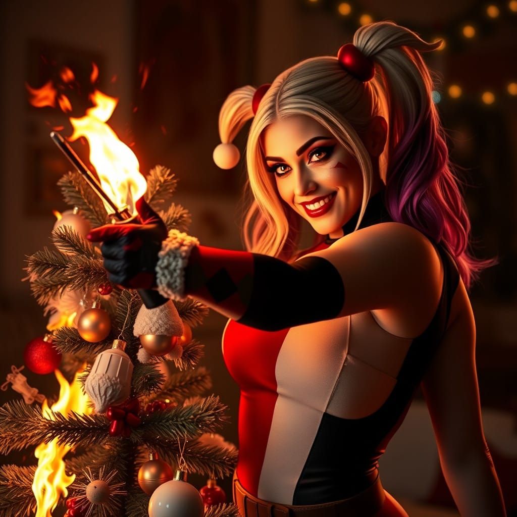 Harley Quinn Sets Christmas Tree Ablaze in Hyperrealistic Po...
