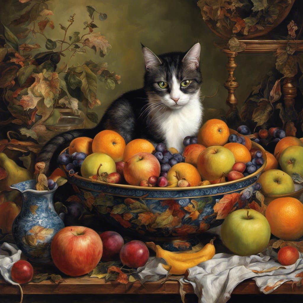 Hyperrealistic Cat Still Life with Fruit