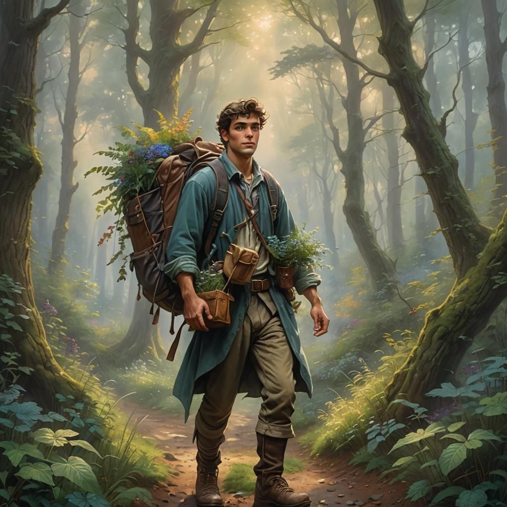 Young Herbalist in Ethereal Forest Landscape
