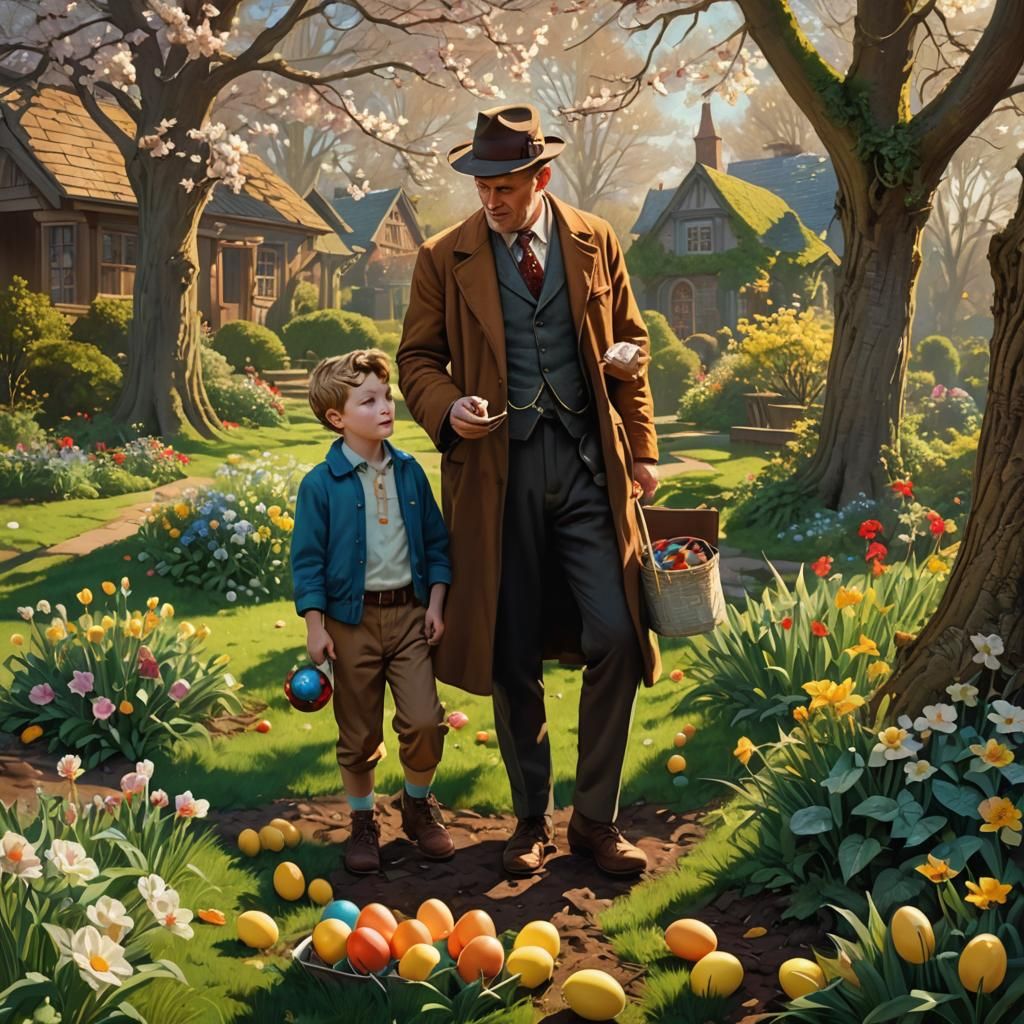 Father and Son Easter Egg Hunt Illustration