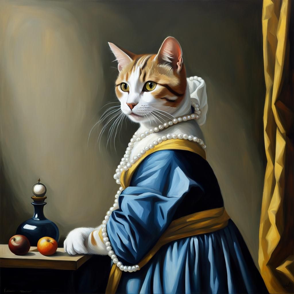 Cat with Pearl Earring: Oil Painting in Vermeer Style