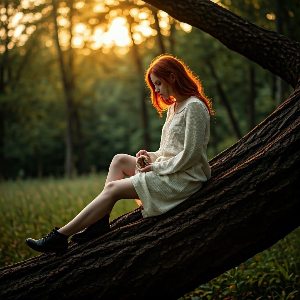 Dreamlike Redhead Reading in Rural Scene