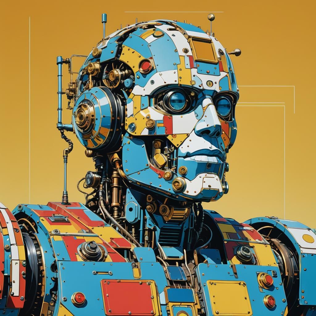 Cyborg Robot in Pop Art Industrial Landscape