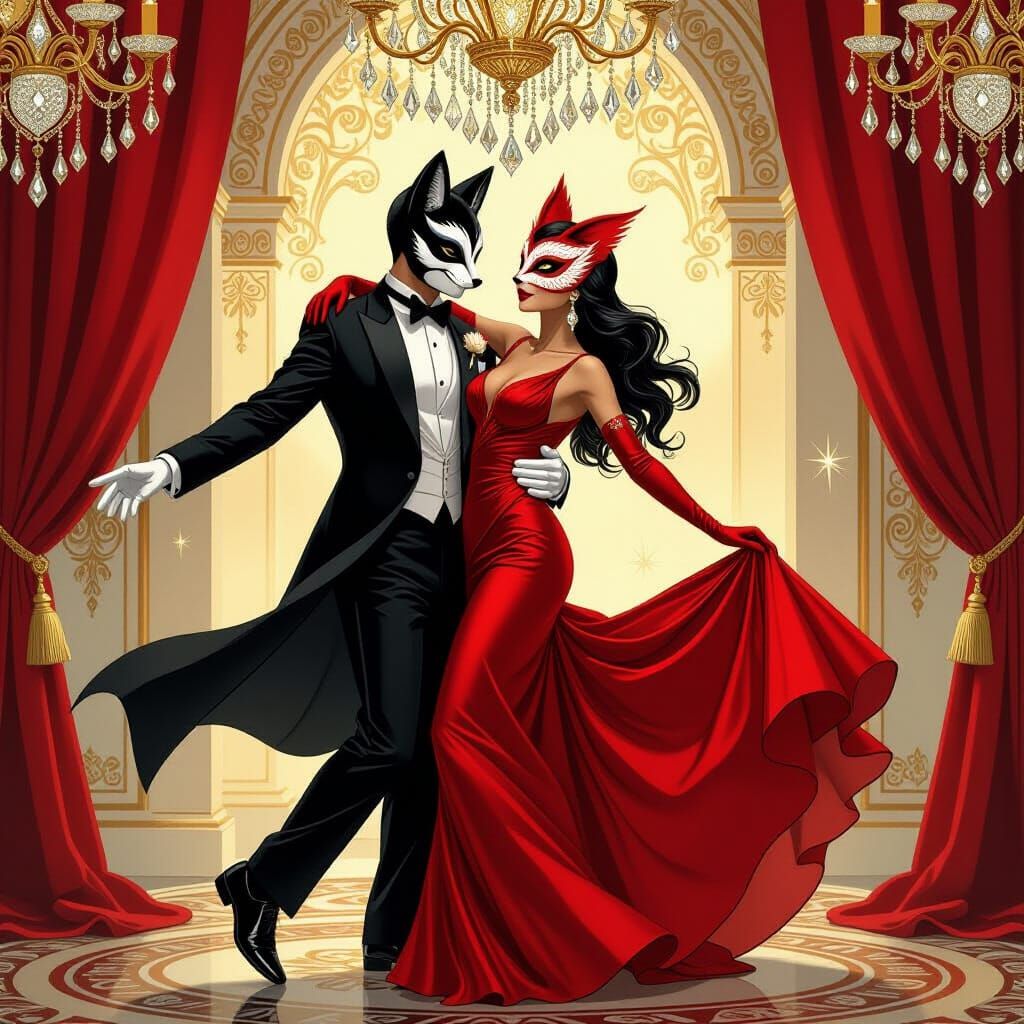 Fox and Owl Masquerade Ball in Art Nouveau Style