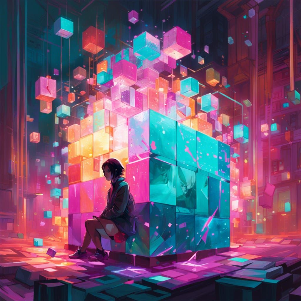 Glowing Rainbow Cube in Dungeon Interior