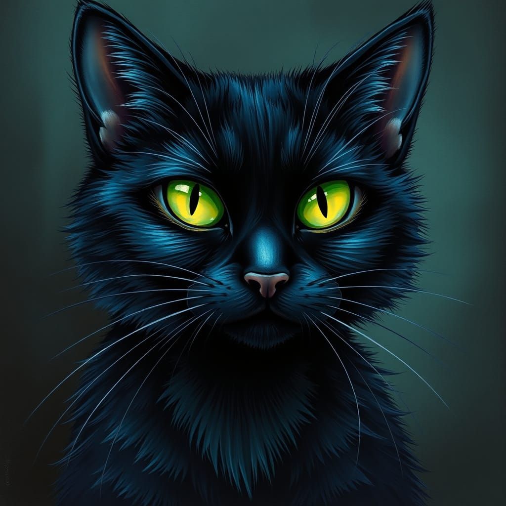 Mischievous Black Cat with Green Eyes in Miyazaki Style