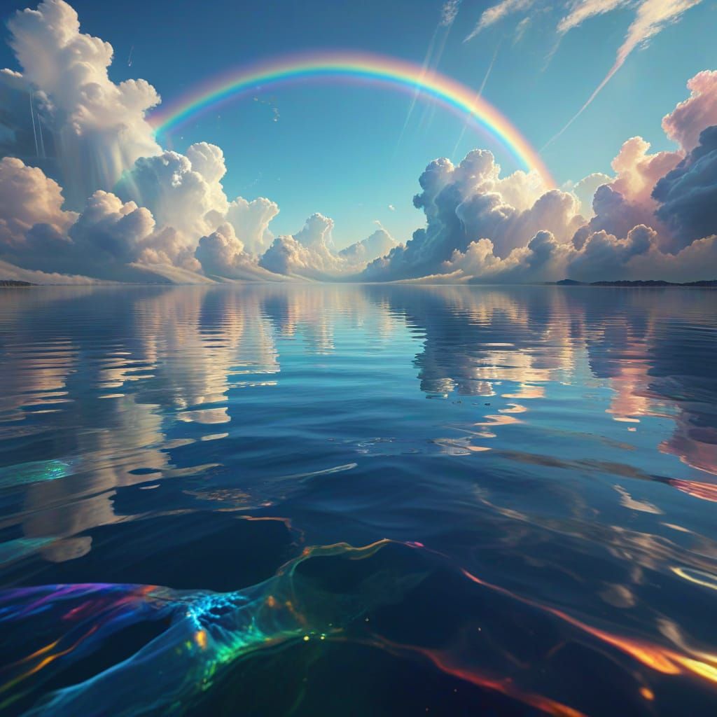 Surreal Blue Lake Reflects Rainbow and Clouds