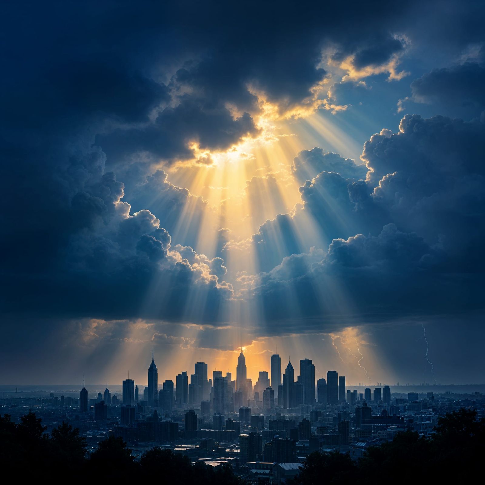Sun Breaks Through Storm Clouds Over Calm City