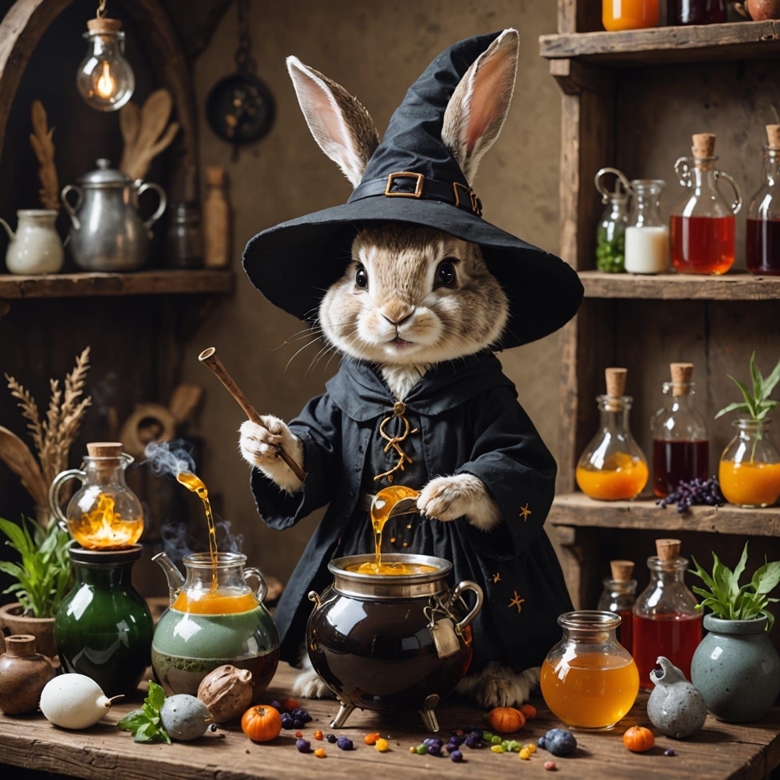 Cute Rabbit Witch Brewing Potions in Magical Forest