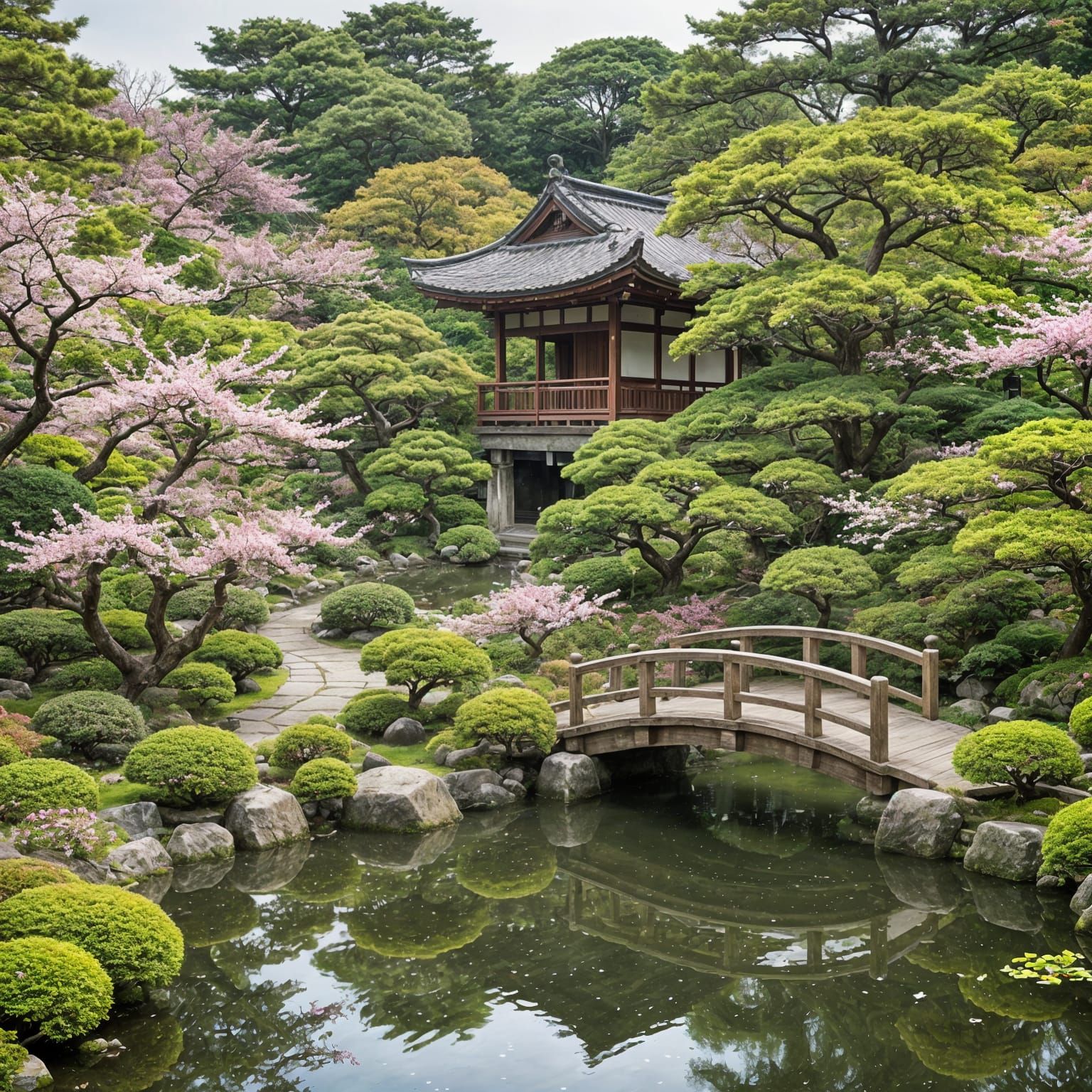 Japanese Garden Scene in Vibrant Florals