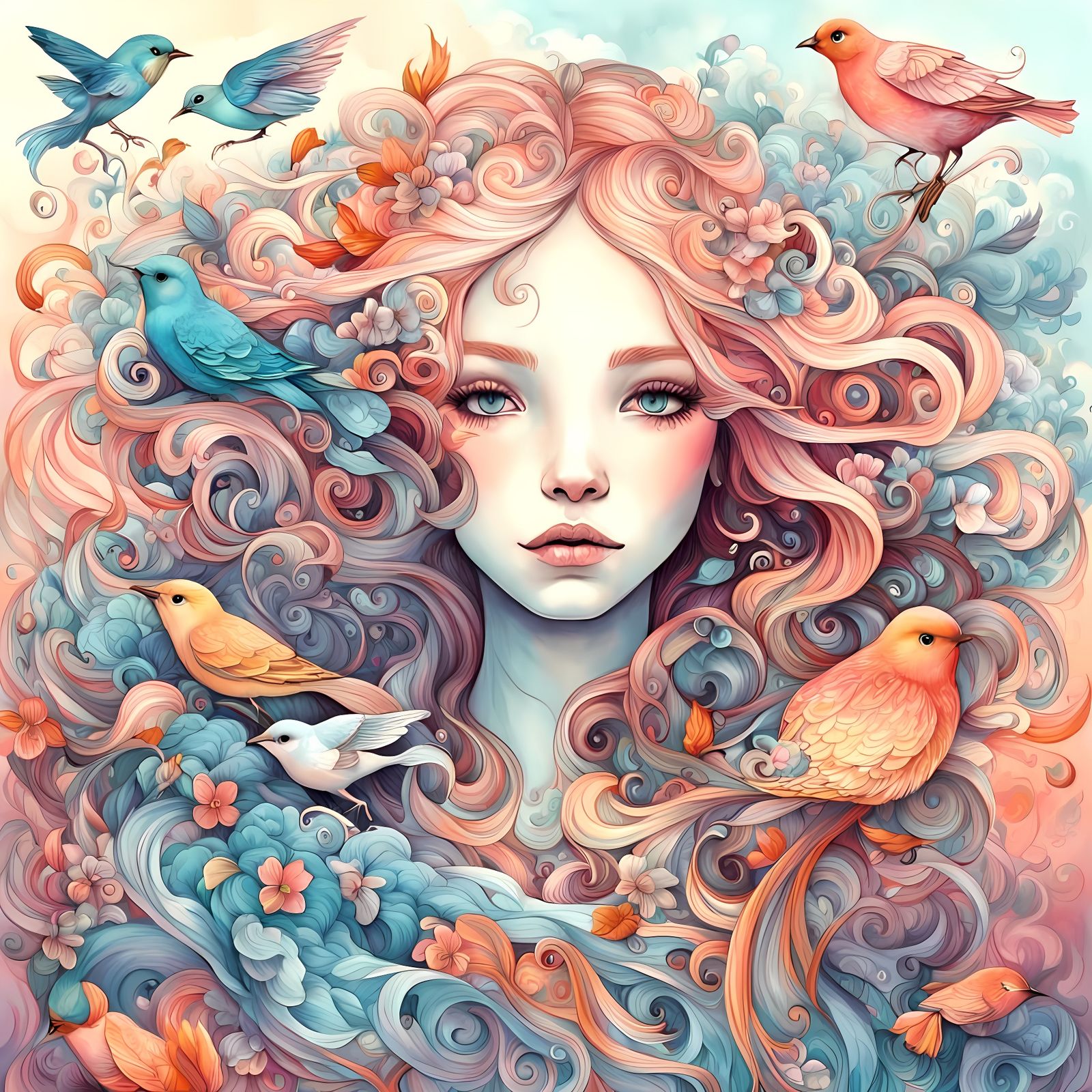 Whimsical Girl with Birds Coloring Page in Vibrant Candyland...