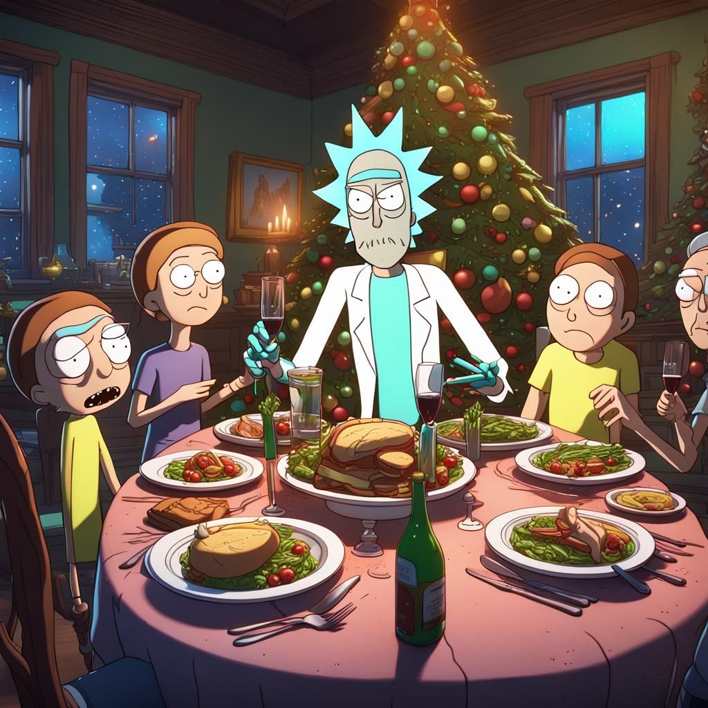 Rick and morty and family having Christmas dinner