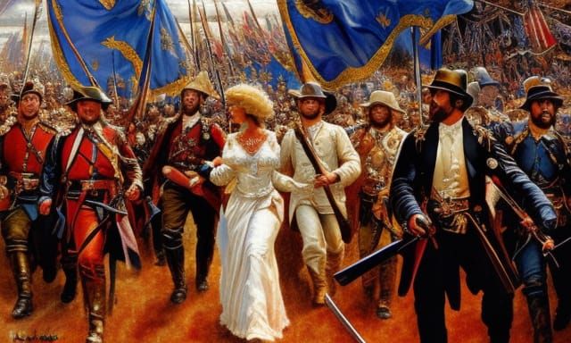 Epic Acrylic Painting: Woman Leads Army into Battle