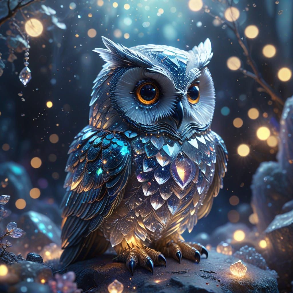 Crystal Owl Figure in Ethereal Fantasy Style