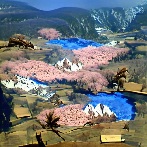 Sakura Valley Scene with Pink and Blue Sky