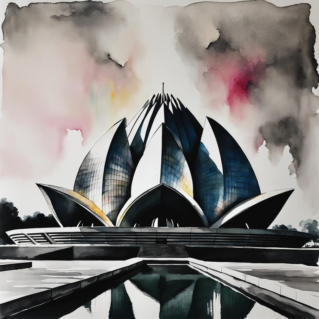 Watercolor Lotus Blossom Double Exposure with Lotus Temple