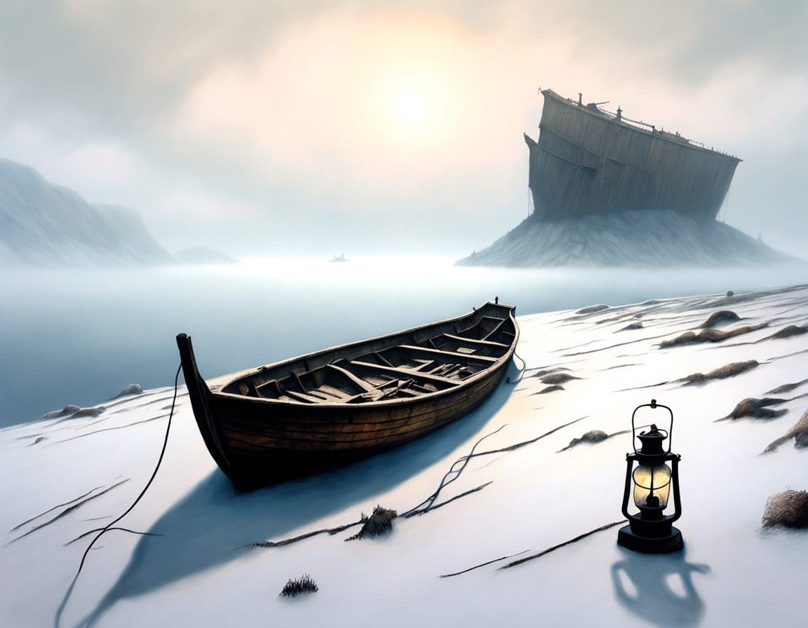 Dark Surreal Island Shipwreck with Eerie Lamp