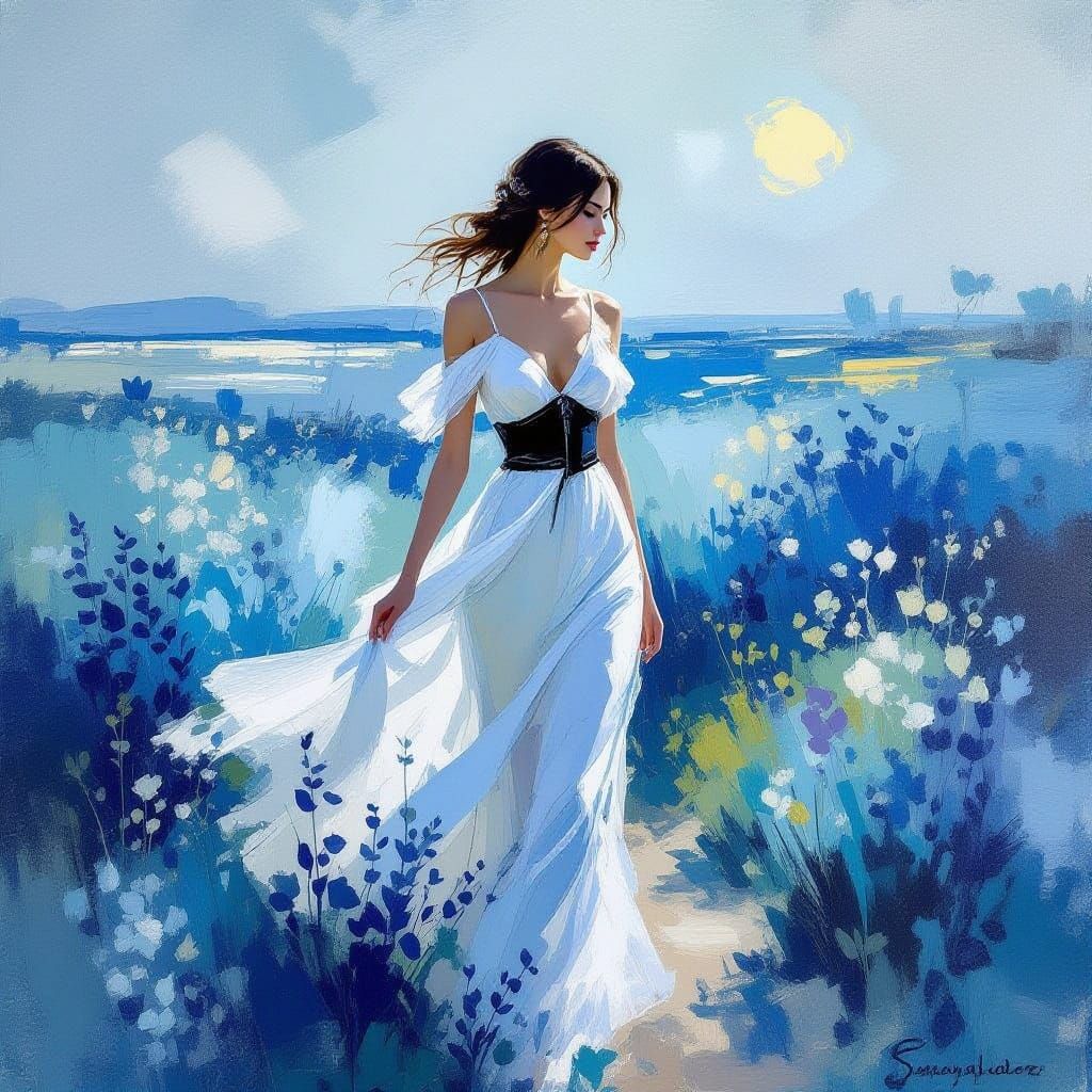 Serene Woman in Blue Landscape, Impressionistic Style