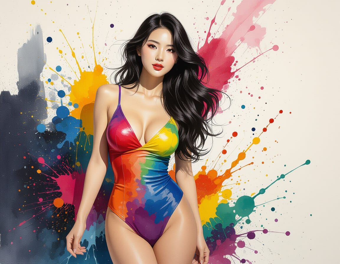 Sensual Korean Woman in Dynamic Paint Splash Art