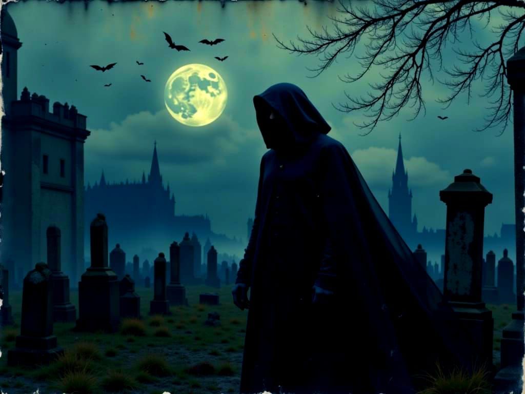 Headless Horseman in Moonlight Cemetery