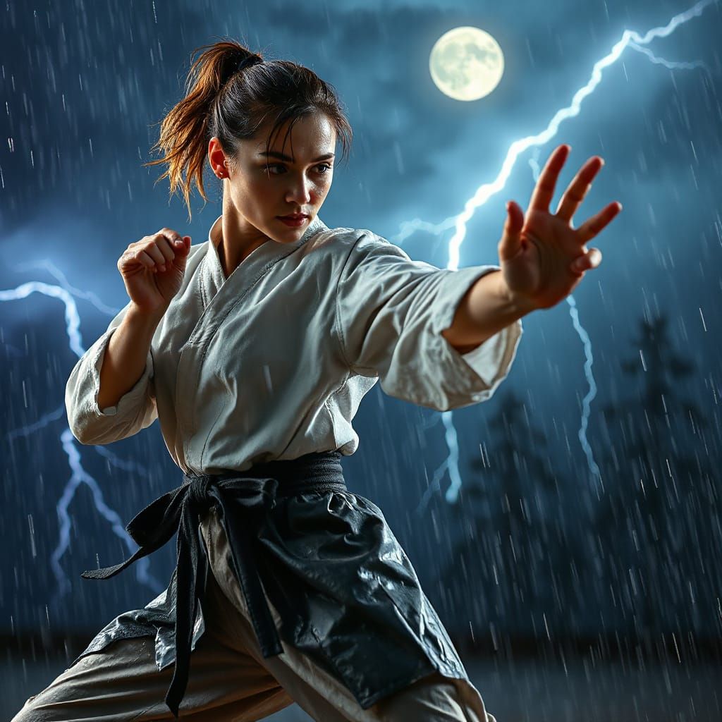 Woman Practicing Kata in Rain, Dramatic Lighting